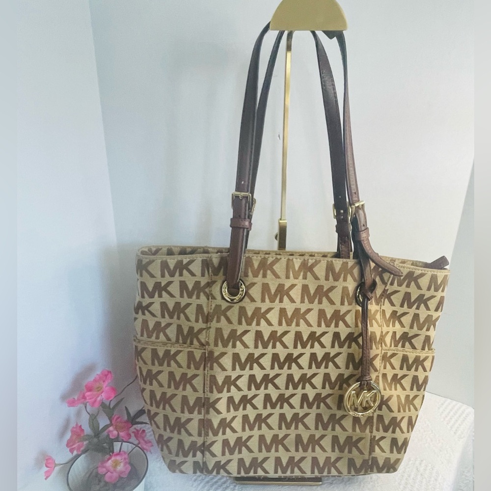 Michael Kors Tan‎ and Brown Logo Tote~ Jet Set ~ Brown Textile Tote